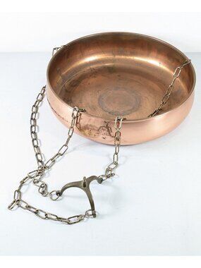 Vintage Copper and brass hanging dish, decorative rustic fruit bowl French